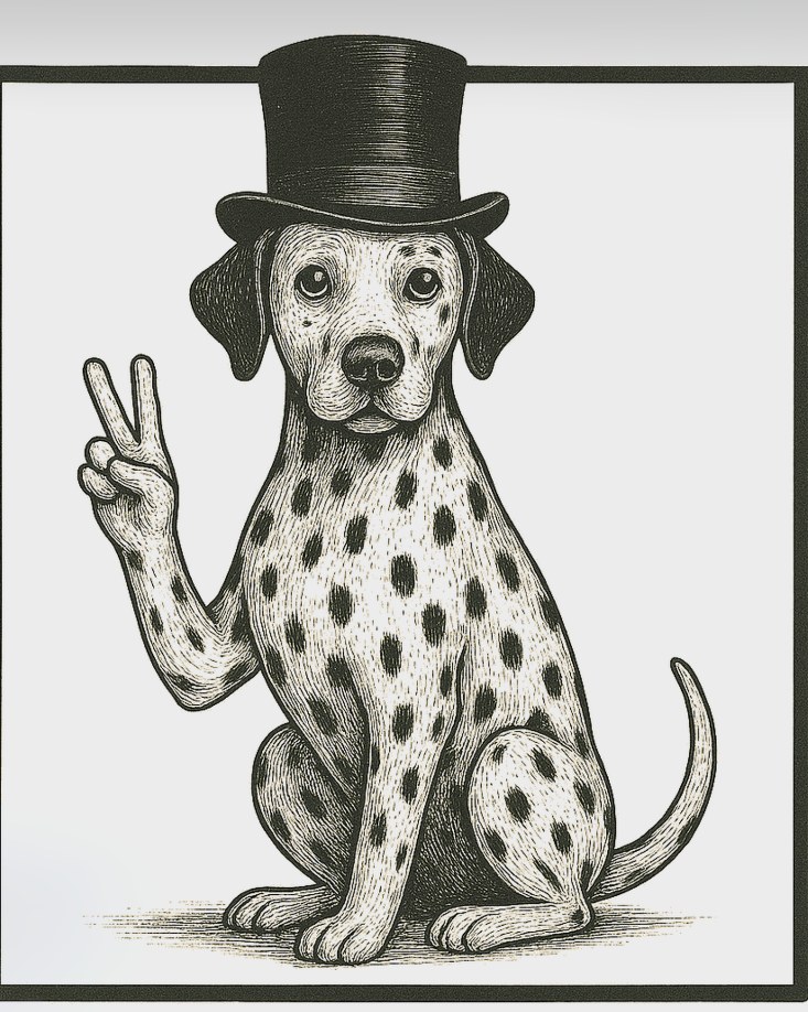 Spot the Dalmatian — the shop's mascot artwork in top hat