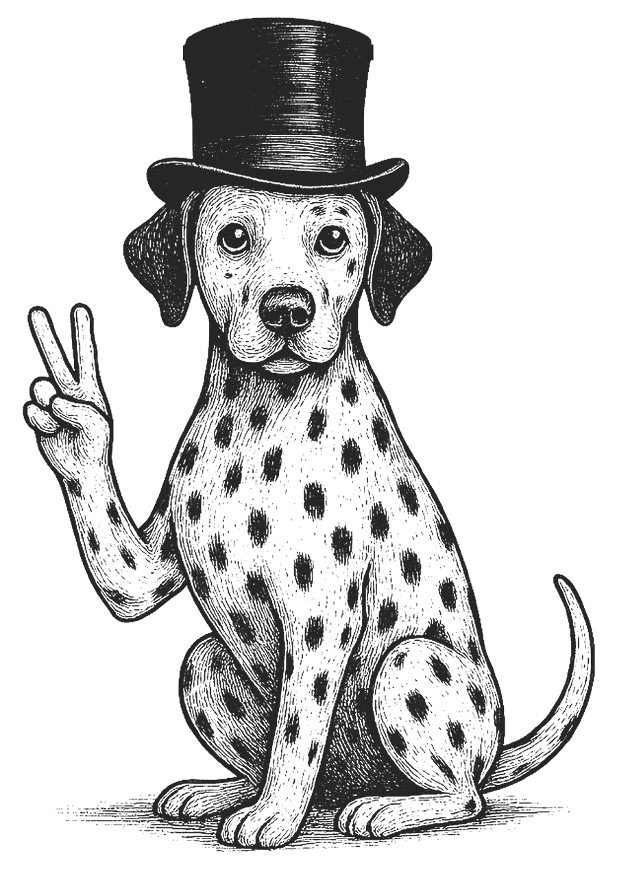 Spot on the Square — Dalmatian wearing a top hat giving a peace sign