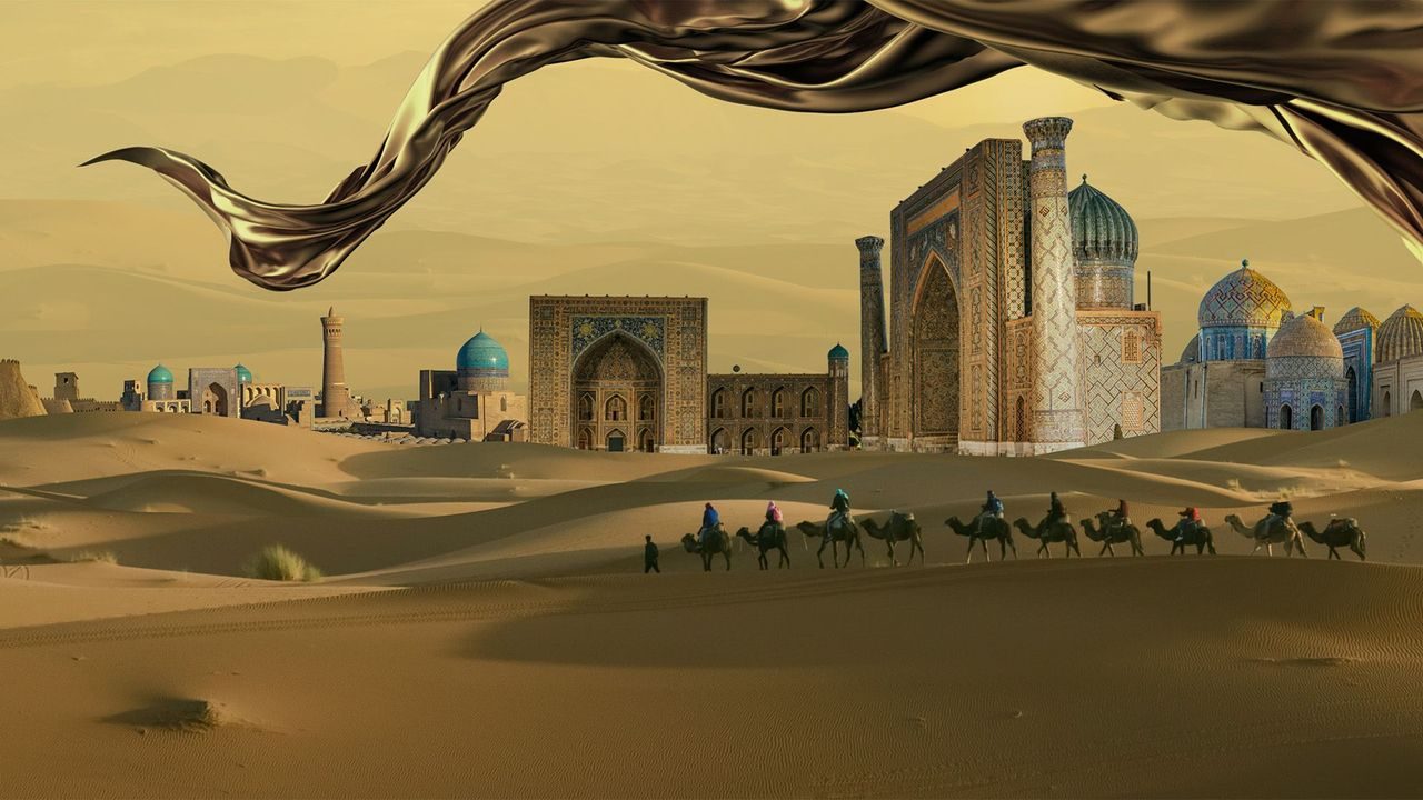 The Silk Caravan — camel caravan crossing desert dunes toward ancient Silk Road cities